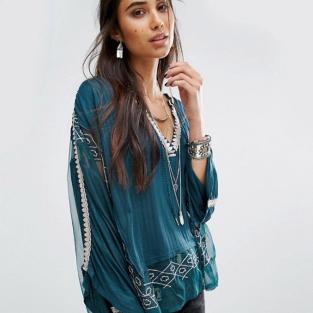 Free People Teal Boho Blouse